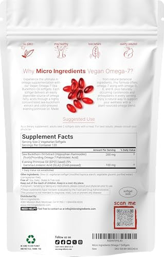 Micro Ingredients Vegan Omega-7 Sea Buckthorn Oil 240 Vegetarian Softgels 2-In-1 With Evening Primrose Oil Plant Based Botanical Oil Blend Non-Gmo Gluten & Carrageenan Free