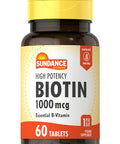 Sundance High Potency Biotin 1000 mcg Supplement Essential B Vitamin Tablets Vegetarian NonGMO and Gluten Free