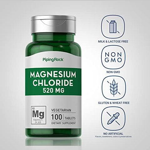 Piping Rock Magnesium Chloride 520mg 100 Tablets Vegetarian NonGMO Gluten Free Supplement