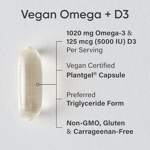 Sports Research Vegan Omega-3 With Vitamin D3 Softgels - 1020Mg Omega-3 & 5000Iu D3 Supplement - Fish Oil Alternative With Vitamin D Plant-Based Support From Algae Oil 60 Veggie Softgels For Adults