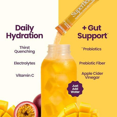 Blume SuperBelly Mango Passion Fruit Gut Health + Hydration 15 Sticks Sugar Free Daily Probiotics Prebiotic Fiber Vit C and Electrolytes Powder Packets
