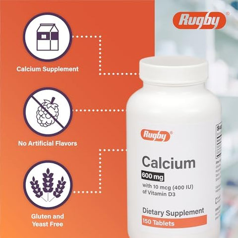 Rugby 600 mg Calcium Tablets Made with 10 mcg (400 IU) of Vitamin D3 Dietary Supplement 150 Tablets
