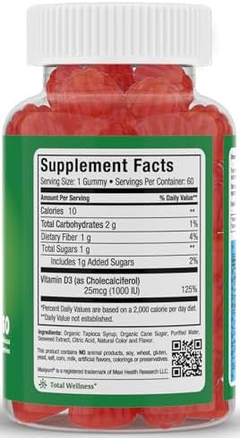 Maxi Health Kosher Vitamin D Gummies 1000 Iu (25 Mcg) Vegan Gluten Supports Bone Teeth Immune Health For Adults & Kids Promotes Calcium Absorption Kosher Gummies For Women & Men