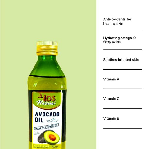 IOS Natural 100% Pure Avocado Oil 17oz, High-Heat Cooking, Frying, Baking, Homemade Sauces, Dressings and Marinades