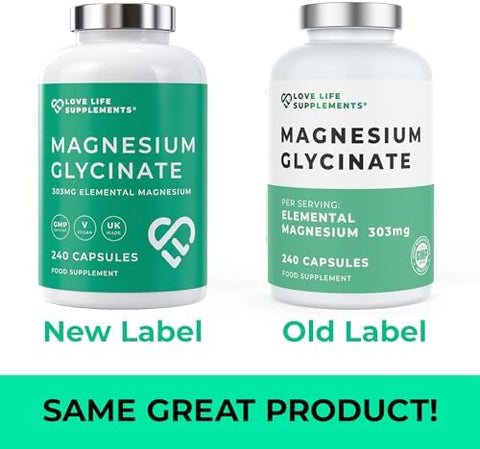 Pure Magnesium Glycinate (Bisglycinate) 240 Vegan Capsules 2 Month Supply High Strength 300mg Elemental Bioavailable Chelated Supplement for Sleep Muscle Cramps UK Made Love Life Supplements