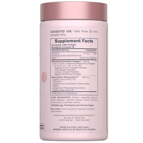 Neocell Hair Skin And Nails Vitamins With Collagen 150 Softgels Advanced Bio-Peptides With Keratin & Hyaluronic Acid Beauty Complex Supplement