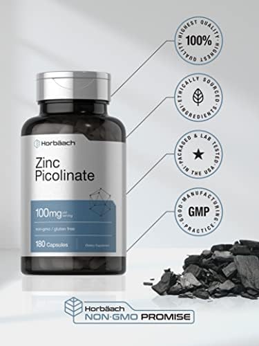 Horbaach Zinc Picolinate 100mg 180 Capsules High Potency NonGMO Gluten Free Zinc Supplement