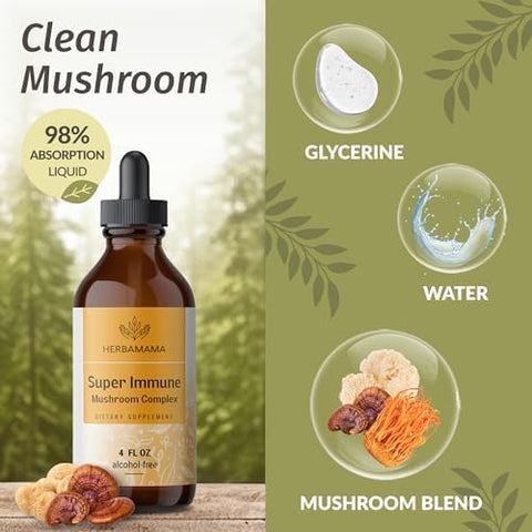 Herbamama Super Immune Mushroom Supplement - Vegan 8-Mushroom Complex Blend With Reishi Lion'S Mane Cordyceps & Chaga Extract - Non-Gmo Alcohol- Sugar- Immunity Drops 56-Day Supply