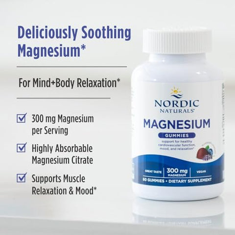 Nordic Naturals Magnesium Gummies For Adults Blueberry Lavender Flavor - 60 Gummies - Vegan Magnesium Supplement For Mind Mood And Cardiovascular Support - Non-Gmo 20 Servings