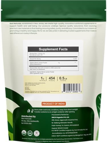 Best Naturals Certified USDA Organic Stevia Leaves Powder, 227 Gram, Gluten Free, GMO Free, Vegan
