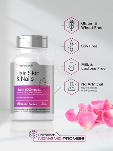 Horbaach Hair Skin and Nails Vitamins 150 Caplets with Biotin and Collagen Supplement for Women and Men NonGMO Gluten Free