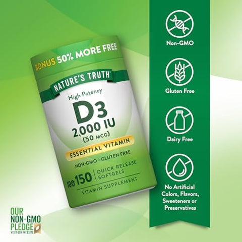 Nature's Truth Vitamin D3 2000 IU Softgels for Adults 150 Count High Potency NonGMO and Gluten Free Supplement High Potency NonGMO and Gluten Free Supplement