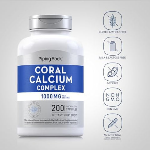 Piping Rock Coral Calcium 1000 mg 200 Capsules Bone Formula Complex With Vitamin D C and Magnesium NonGMO Gluten Free Supplement