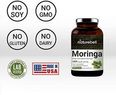 Moringa Capsules Made with Organic Moringa Powder 1000mg Per Serving 200 Counts Strong Antioxidant to Repair Protect Nurture Your Skin Cells and Support Immune System NonGMO