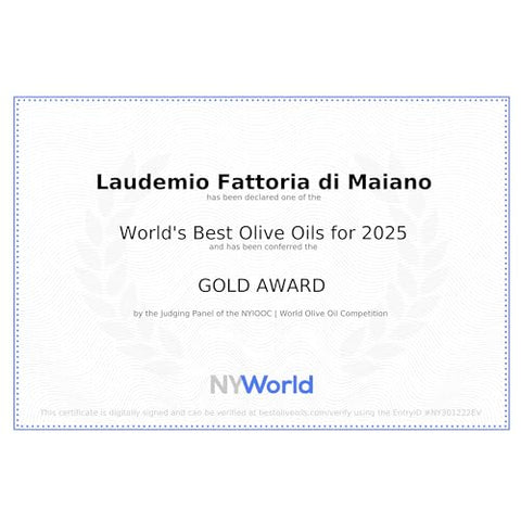 Sanniti Laudemio Organic Extra Virgin Olive Oil Fattoria di Maiano, Gold Award Winner at NYIOOC World Olive Oil Competition, 16.9 oz