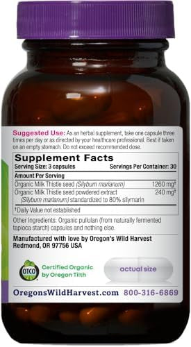 Oregon'S Wild Harvest Milk Thistle Organic Nongmo Herbal Supplement Pullulan (Plant Sourced) Vegan Capsules 180 Count