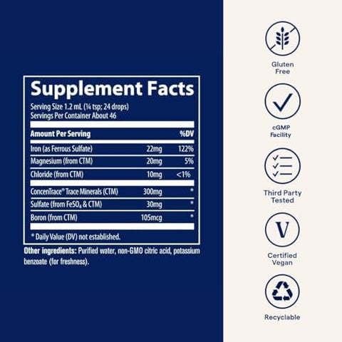Trace Minerals Ionic Iron 22 mg Dietary Supplement to Support Immune System Health and Energy Liquid Ionic Trace Mineral Supplement with Ferrous Sulfate 1.9 fl oz (About 46 Servings)