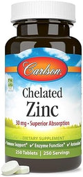 Carlson Chelated Zinc 30 mg Zinc Glycinate Chelate Supplement Superior Absorption Immune and Enzyme Support Antioxidant 250 Tablets