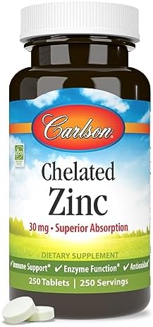 Carlson Chelated Zinc 30 mg Zinc Glycinate Chelate Supplement Superior Absorption Immune and Enzyme Support Antioxidant 250 Tablets