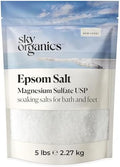 Sky Organics - Epsom Salt Bath Soak, 5 Lbs - Magnesium Sulfate Usp - 100% Pure, Medium Grain - Unscented - Soaking Bath Salts - Resealable Bag - Natural, Vegan & Cruelty - Self Care - Bath & Feet