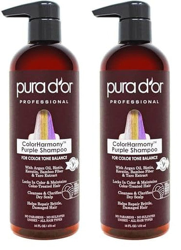 Pura D'Or Purple Shampoo & Conditioner (16Oz X 2) Colorharmony Biotin Set For Bleached Blonde Silver & Color Treated Hair - Keratin Bamboo Fiber No Sulfates - Men & Women
