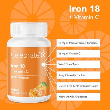Celebrate Iron+C 18Mg Chewable Tangerine, 30 Count