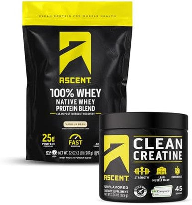 Ascent 100% Whey Protein Powder, Vanilla Bean 2 Lb & Creatine Monohydrate Powder, Unflavored 45 Servings