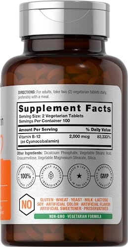 Horbaach B12 Vitamin 2000 mcg 200 Tablets Vegetarian Supplement NonGMO and Gluten Free