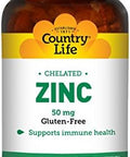 Country Life Chelated Zinc 50 Mg - Certified Gluten-& Vegan Immune Support Supplement, Enhances Zinc Absorption, Supports Body'S Protein Production & Cellular Health, 100 Vegetarian Tablets