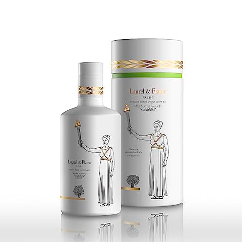 Laurel & Flame Fresh - Extra Virgin Olive Oil - "Best Greek Olive Oil" Award - Cold Pressed - Polyphenol Rich (1,212 MG/KG) - USDA-Organic - 90X Hydroxytyrosol Polyphenols - Early Harvest - Single Origin - Rare Local Olive Variety - 500 ml (16.9 fl oz)