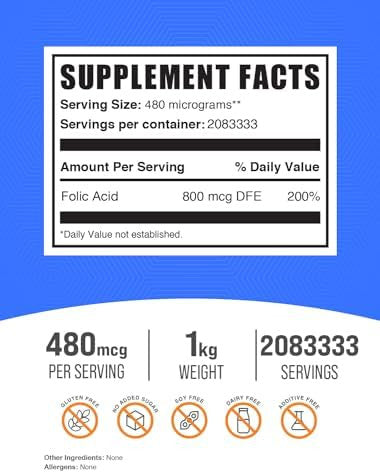 Bulksupplements.Com Folic Acid Powder - Vitamin B9, Folic Acid Supplement - Folic Acid Prenatal Vitamins, Folic Acid 800 Mcg - Gluten Free, 480Mcg Per Serving, 100G (3.5 Oz) (Pack Of 1)