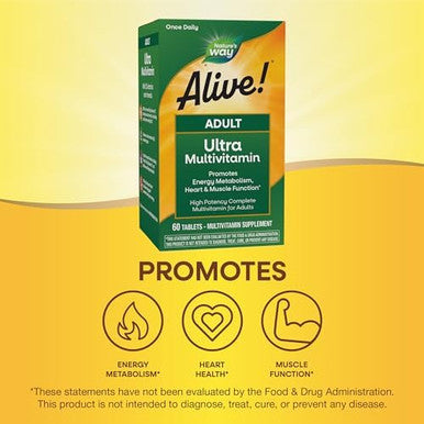 Nature'S Way Alive Adult Ultra Multivitamin, Promotes Energy Metabolism, Heart & Muscle Function, With B-Vitamins Including Methylated B12, Gluten Free, 60 Tablets (Packaging May Vary)