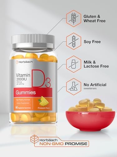 Horbaach Vitamin D3 2000iu Gummies 90 Count Vegetarian Pineapple Flavor 50 mcg NonGMO Gluten Free Vitamin D Supplement