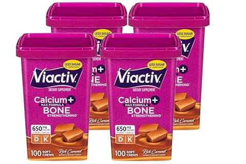 Viactiv Max Formula Calcium +Vitamin D3 Supplement for Bone Health Rich Caramel 100 Soft Chews 4 Pack
