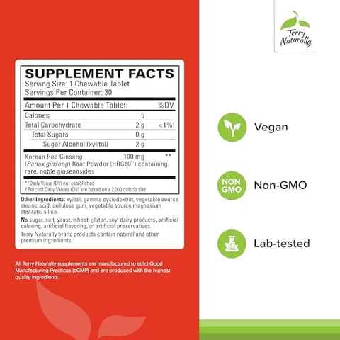 Terry Naturally Hrg80 Red Ginseng Energy Support Healthy Energy & Focus Herbal Supplement With Korean Red Ginseng Root Powder Vegan Tablets To Aid Healthy Endurance 30 Chewable Tablets