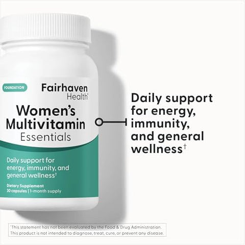 Fairhaven Health Womens Multivitamin Essentials Once Daily Multivitamin for Women Support for Energy Immune Health Eye Health Hormone Balance Gluten Dairy Soy Free Vegan 30 Capsules