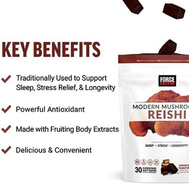 Force Factor Modern Mushrooms Soft Chews Reishi Mushroom Supplement To Support Sleep Stress Relief & Longevity Antioxidants Supplement Delicious Chocolate Peanut Butter Cup Flavor 30 Soft Chews