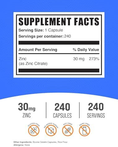 Bulksupplements.Com Zinc Citrate Capsules - Zinc Supplements, Zinc 30Mg, Zinc Capsules - Immune Support Supplement, Gluten Free, 1 Capsule Per Serving, 240 Capsules (Pack Of 1)