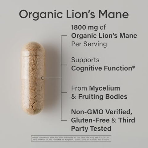 Sports Research Organic Lion'S Mane Mushroom Supplement 1800Mg - Brain Health Focus & Cognitive Supports - Usda Certified Organic Non-Gmo Vegan 90 Count Capsules