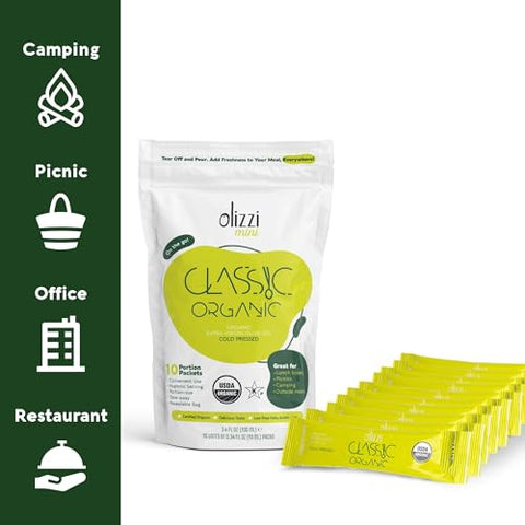 Olive Oil Packets - Olizzi Classic Organic Extra Virgin, New Harvest, Award Winning, Cold Pressed, USDA Organic Certified, Single Serve, Mini, Salad Dressing To Go, Individual, Travel Size, 25 Single Use Packs (0.34 Fl Oz / Unit