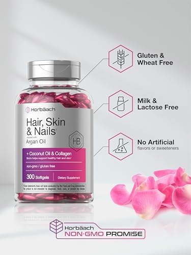 Horbaach Hair Skin and Nails Vitamins 300 Softgels with Biotin and Collagen Infused with Argan Oil and Coconut Oil NonGMO Gluten Free Supplement