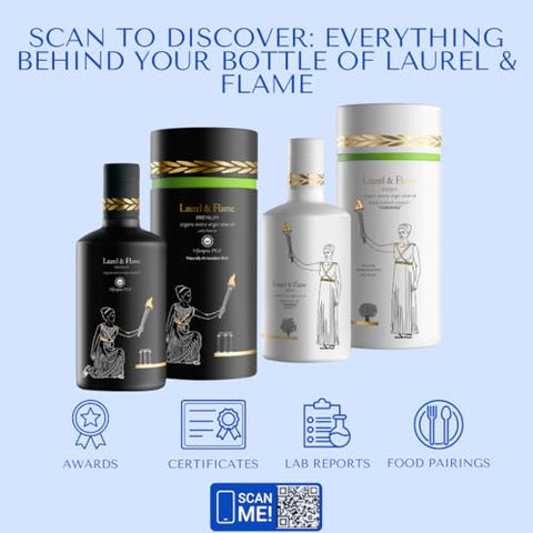 Laurel & Flame Fresh - Extra Virgin Olive Oil - "Best Greek Olive Oil" Award - Cold Pressed - Polyphenol Rich (1,212 MG/KG) - USDA-Organic - 90X Hydroxytyrosol Polyphenols - Early Harvest - Single Origin - Rare Local Olive Variety - 500 ml (16.9 fl oz)