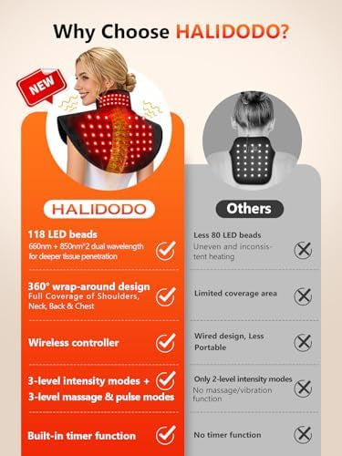 Halidodo Red Light Therapy For Neck Shoulder With Heat & Massage 5000Mah Controller Infrared Light Pad With 118 Leds Timer & Pulse Modes Portable Design For Upper Back Shoulder Neck Last 175-190Mins
