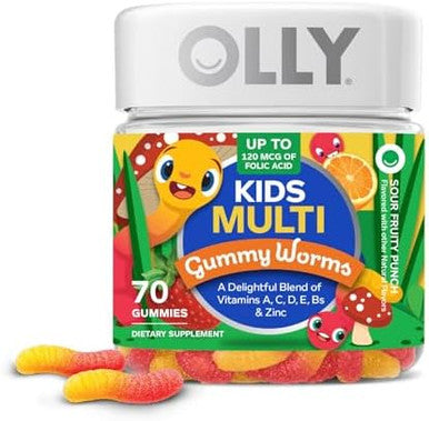 Olly Kids Multivitamin Gummy Worms Overall Health And Immune Support Vitamins And Minerals A C D E Bs And Zinc Chewable Supplement Sour Fruit Punch 45 Day Supply (70 Count)