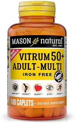 Mason Natural Vitrum 50 + Adultmulti Iron Vitamins A C D E K B Folate Calcium Iron Zinc Potassium Magnesium 100 Tablets