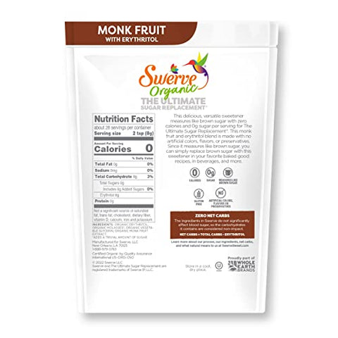Swerve Organic Monk Fruit Brown Sugar Replacement Sweetener, 8 Ounce (Pack of 2)