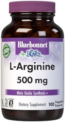Bluebonnet Nutrition Larginine 500Mg Form Amino Acid Nitric Oxide Precursor Soy Gluten Nongmo Kosher Vegan 100 Vegetable Capsules 100 Servings White
