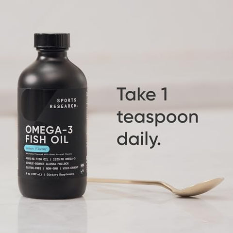 Sports Research Omega-3 Fish Oil 8Oz Glass Bottle - 4685Mg Of Wild Caught Alaska Pollock Fish Oil Per Serving - Easy-To-Take Liquid Lemon Flavor Non-Gmo Msc Certified Sustainable 48 Servings