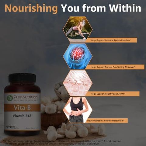 Pure Nutrition Natural Vitamin B12 1500Mcg (Methylcobalamin) 120 Veg Tabs Vitamin B12 Supplement Helps Support Metabolism Blood Cells And Nerves Function Non Gmo