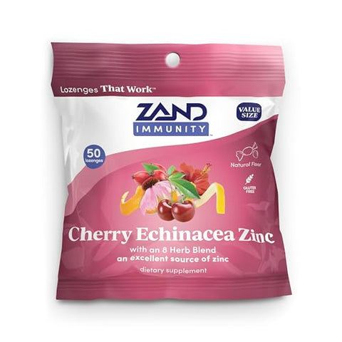 ZAND Immunity Cherry Echinacea Zinc Throat Lozenges GoodforYou Dry Mouth Lozenges Immune Support Supplement w/Zinc 5mg Echinacea Root Soothe a Dry Throat Natural Flavor Gluten 50ct